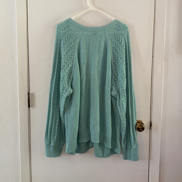 Torrid Size 5 aqua v-neck ribbed cardigan with lacy knit sleeves - Picture 8 of 8